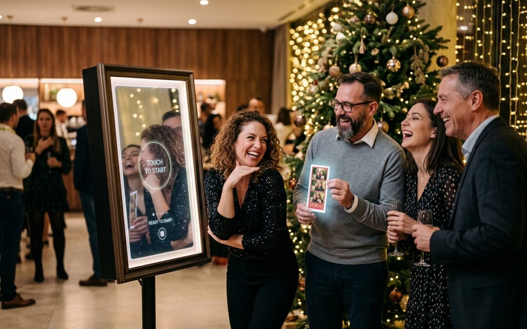 Selfiebox (magic mirror) egy céges karácsonyi bulin Budapesten, nevető kollégákkal és frissen nyomtatott fotóval