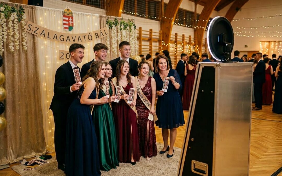 Szalagavató fotósarok és selfiebox bérlés – diákok közös fotóval egy 2026-os szalagavatón